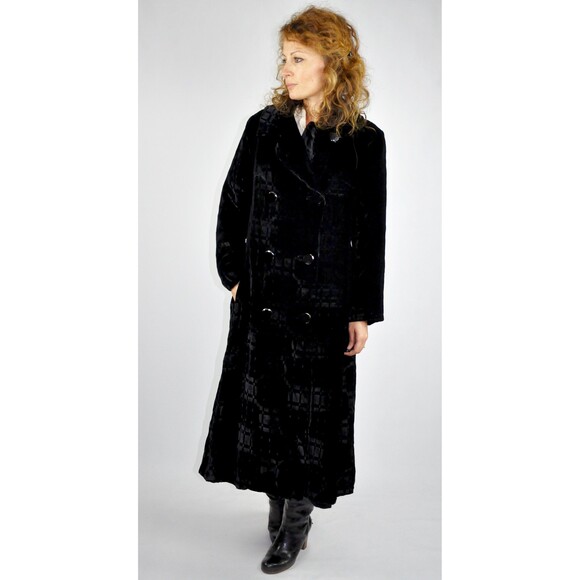 VELVET Black Coat Cloak Cape Jacket Shawl Theater Gothic Double Breasted S M - Picture 2 of 9